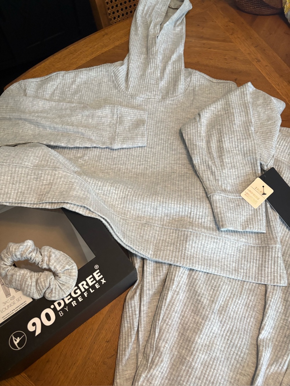 90 Degree by Reflex 3PC Rib Lounge Set (Hoodie, Pants, Scrunchie) — Gray, NWT